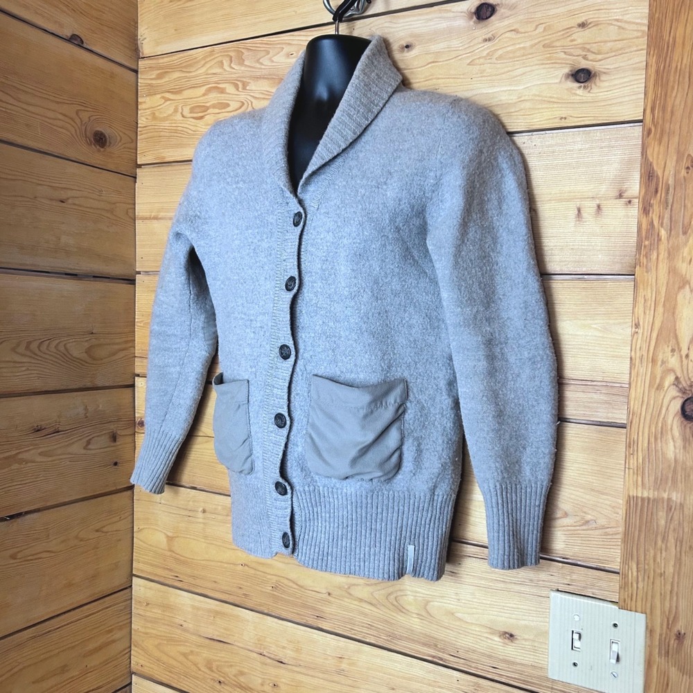 Wool Cardigan Mens Medium Gray Gorpcore Outdoor Chunky Knit Shawl Collar Burton
